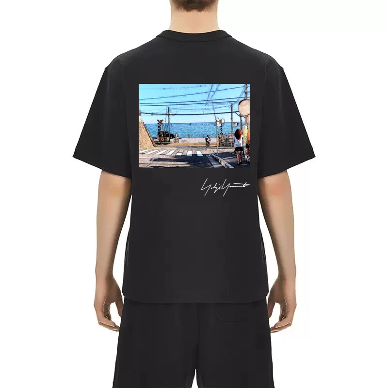 

Y-3 Yohji Yamamoto 23SS Повседневная футболка с коротким рукавом для мужчин и женщин в японском стиле с изображением пейзажа