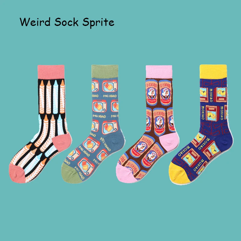 

Season new graffiti jacquard women's socks crayon pattern couple socks sports fashion skateboard mid-tube women's socks trend