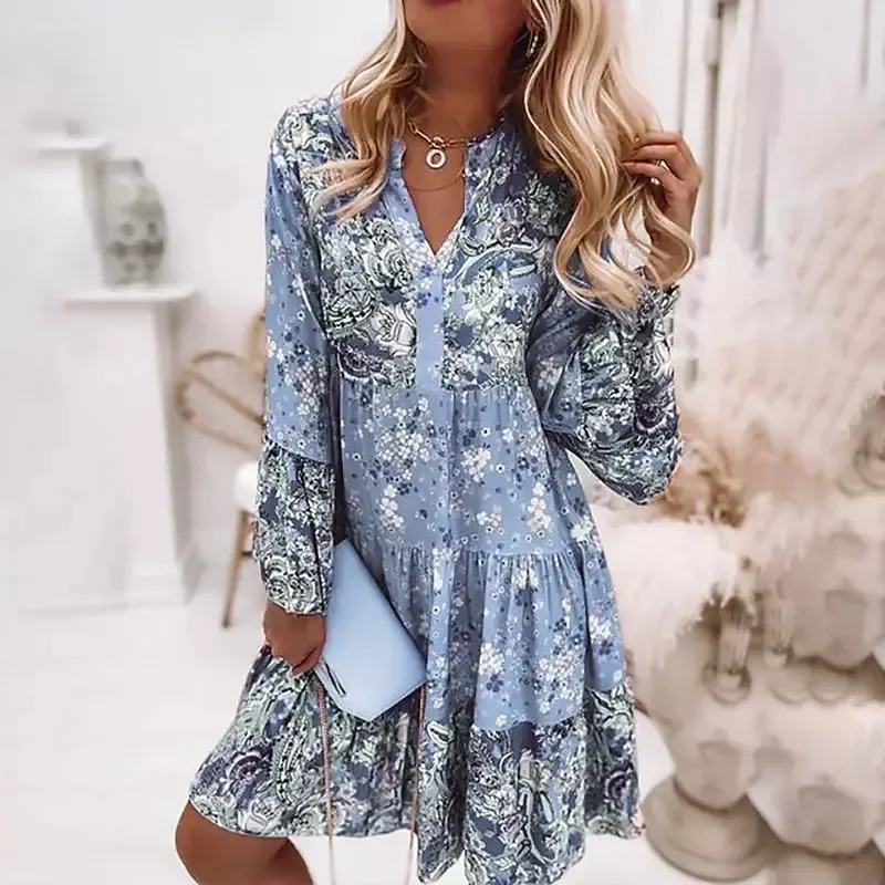 

2022New Floral Print Dress Women Elegant Flare Sleeve Splicing Ruffles Mini Dress Ladies V Neck Loose Bohemian Beach Dresses 202