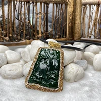 european and american style rectangular green dyed jade rhinestone carving pendant ladies personality trend necklace jewelry