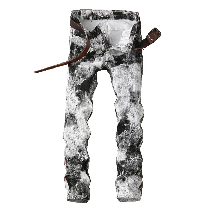

European American Fashion Black White Printed Men's Jeans Teenagers Slim Fashion Rightclub Hip Hop Pants Stretch Trousers