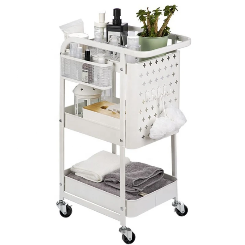 New 3-Tier Metal Rolling Utility Cart with Handles and Peg Board Hooks Baskets Locking Wheels Storage Trolley Storage Shelves