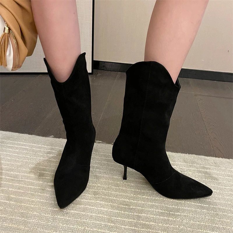 2023 Autumn Winter Women's Chelsea Boots Pointed Toe Ladies High Heels New Fashion Mid-calf Pointed Toe Modern Boots Botas Mujer
