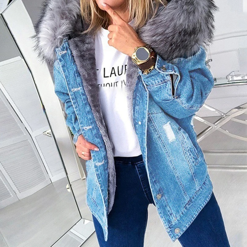 2023 Fashion  Winter Elegant Warm Single-breasted Mid-length Jacket Plush Thick Fur Collar Slim-fit Single Breasted Denim Jacket