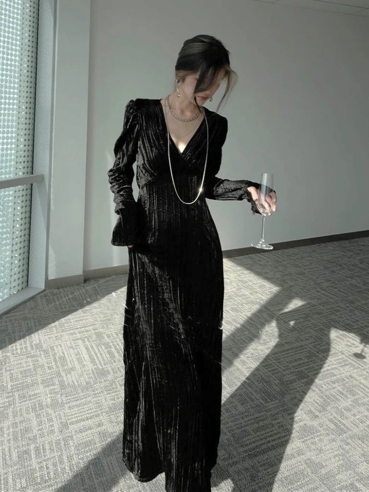 

Spring Autumn Female Dress for Women 2023 V-neck Temperament Long Black Dress Women Clothing Sexy Dress Streetwear Evening Dress