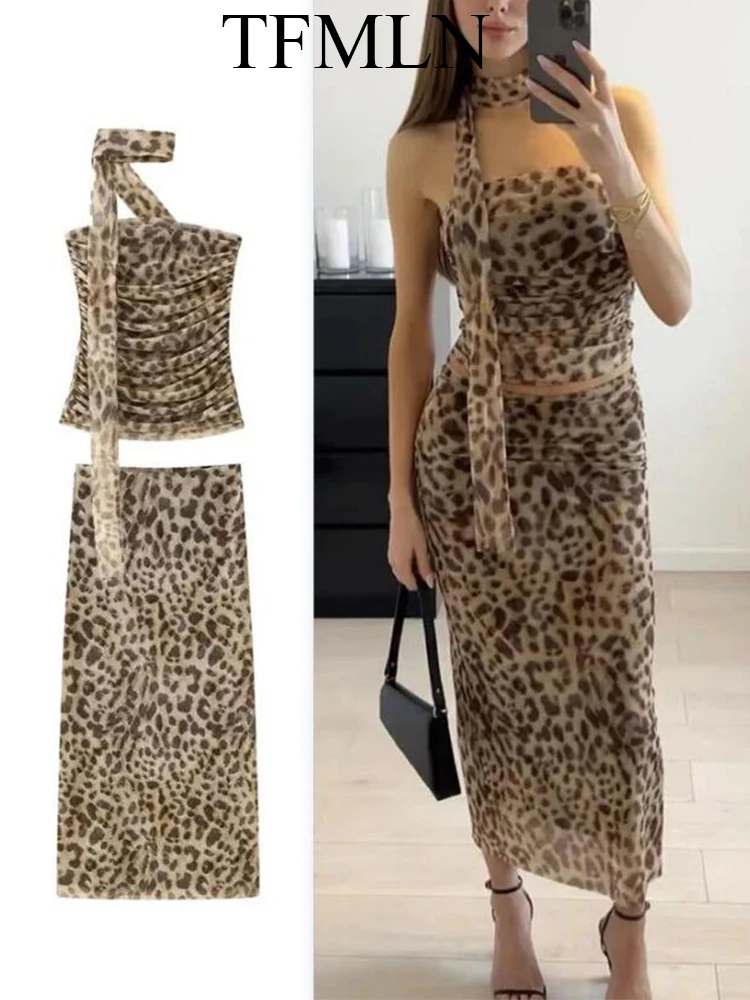 Женский комплект из топа и юбки с леопардовым принтом без бретелек