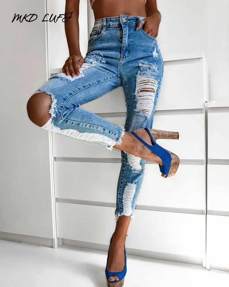 

MKD LUFI Zipper Fly Slant Pocket Ripped Raw Hem Skinny Jeans Women High Waist Denim Pants