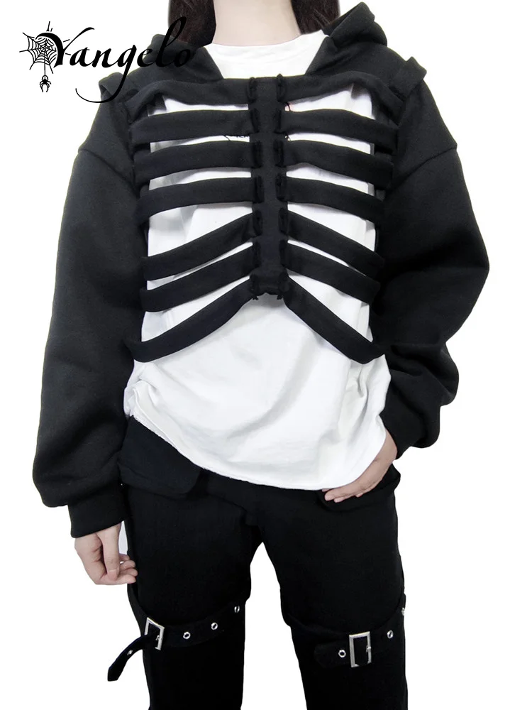 

Yangelo Gothic Rib Cutout Hooded Women's Sweatshirt Grunge Y2K Long Sleeve Pullover Punk Street Style Unisex Hoodie