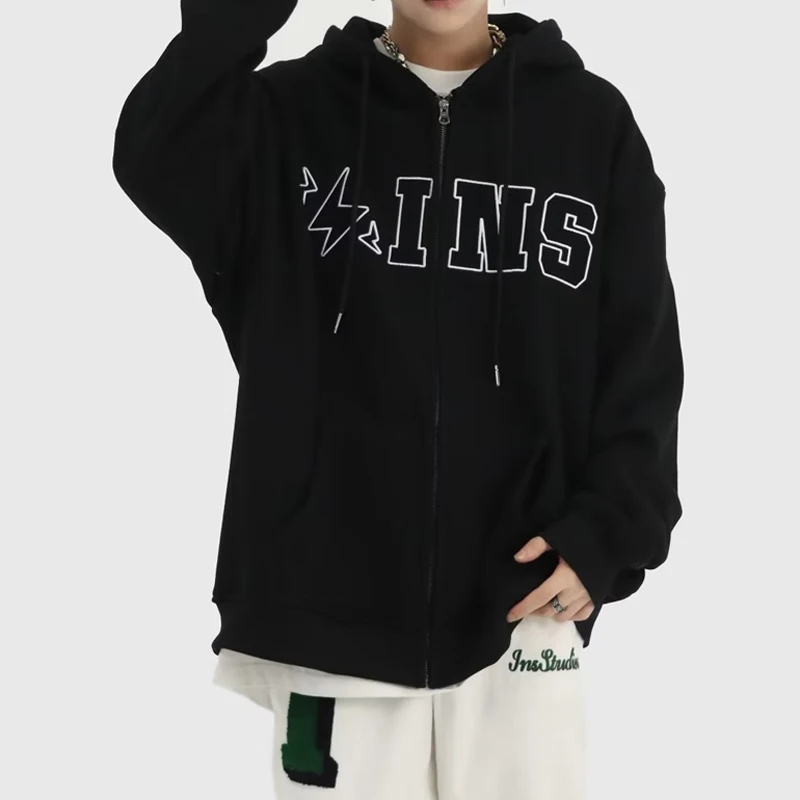 

Hoodie Men Streetwear INS Lightning Print Autumn and Winter New Loose Zipper Sweatshirts Tops