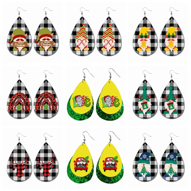 

2023 New Merry Christmas GnomesTheme Truck Earring With Buffalo Plaid Two Layers Faux Leather Teardrop Earrings