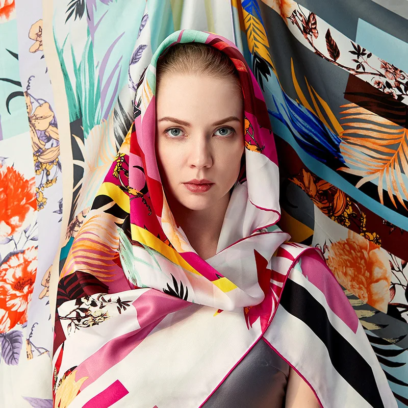 

Весенний Новый женский Шелковый Подарочный шарф, большой квадратный шарф 110 см из крепа Mumisu 16