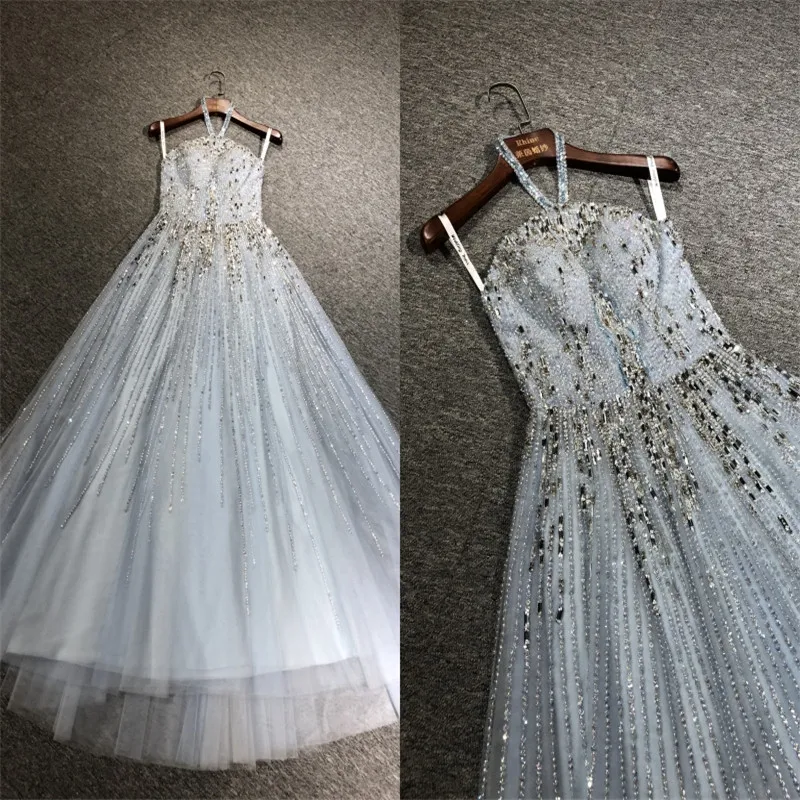 

100%Real Photos Newest High Quality Luxurious Sky Blue Heavy Beadings Halter Sleeveless A-line Floor Length Prom Evening Dresses