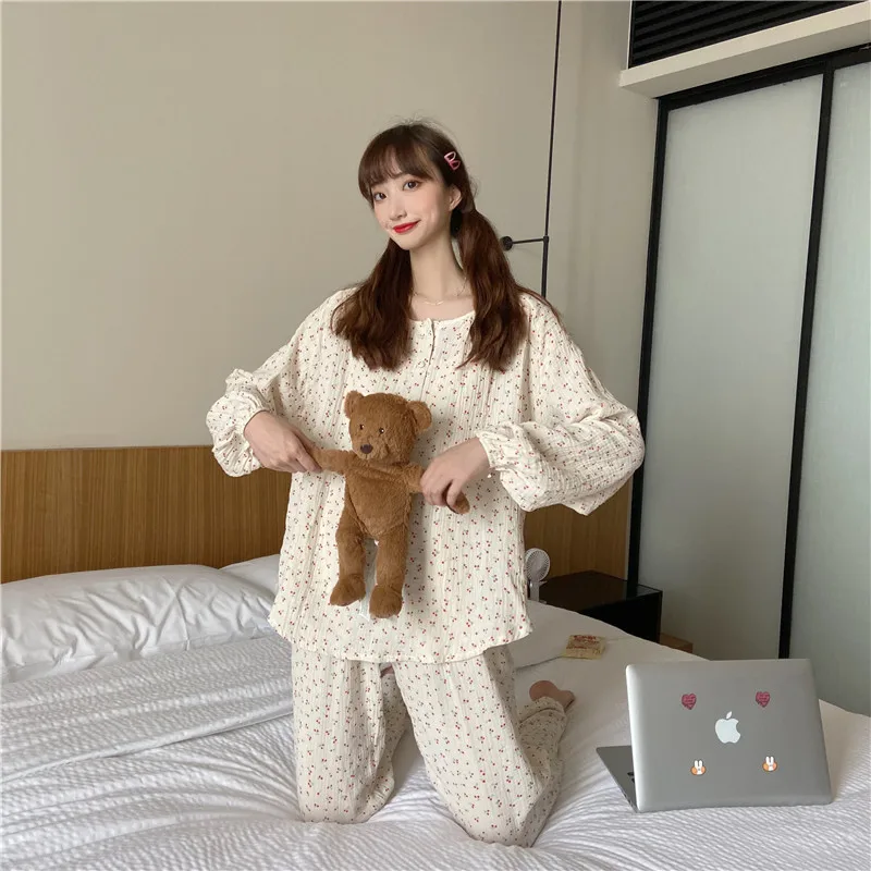 Korean Cherry Print Spring Pajamas Set Women O-Neck Long Sleeve Buttons Shirts + Trousers Cotton Casual Sleepwear Soft Home Suit