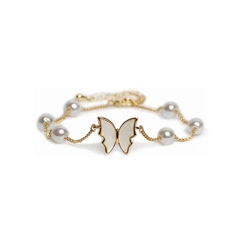 New in Style Butterfly Charm Bracelet - Faux Pearls Chain Bracelet for Girls Women Gold Filled Butterfly Anklet Lucky Gift for M