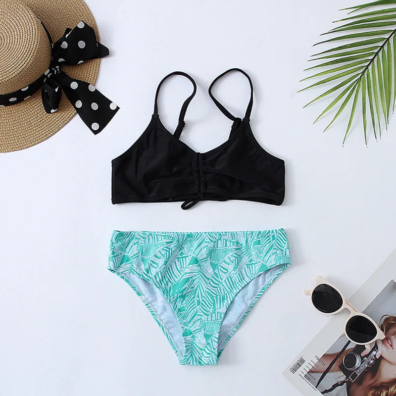 

7-16 Years Tropical Girl Swimsuit Kids Ruched Tie Front Bikini Set Padded Two Piece Children's Swimwear Bathing Suits Beachwear