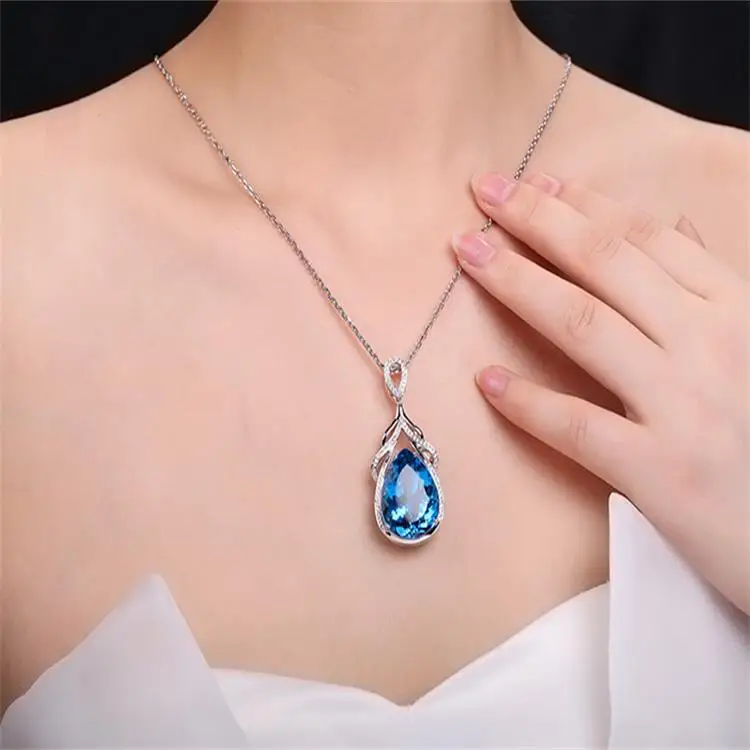 

New copper inlaid zircon mermaid tear necklace fashion inlaid zircon blue topaz water drop shape wedding pendant wholesale