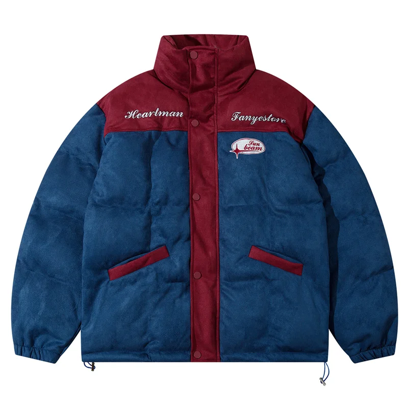 

2022 Winter Suede Parka Vintage Padded Jacket Color Block Patchwork Harajuku Loose Streetwear Men Thermal Puffer Heavy Coats