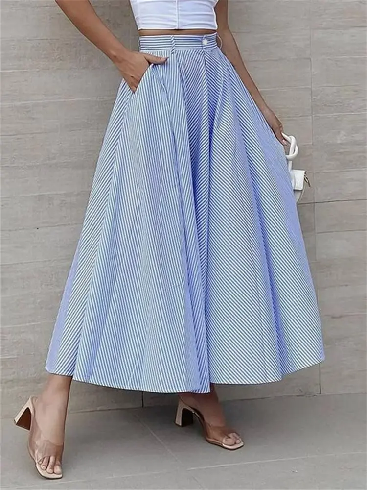 

Celmia Fashion High Waist Maxi Skirt 2022 Summer Women Casual Loose Striped Skirt Long Skirts Pleated A-line Party Bottoms Femme