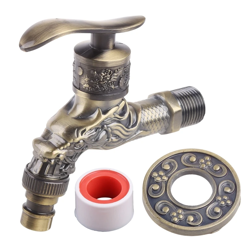 

Antique Bronze Bathroom Sink Faucet Dragon Washing Machine Tap Wall Mounted Tap