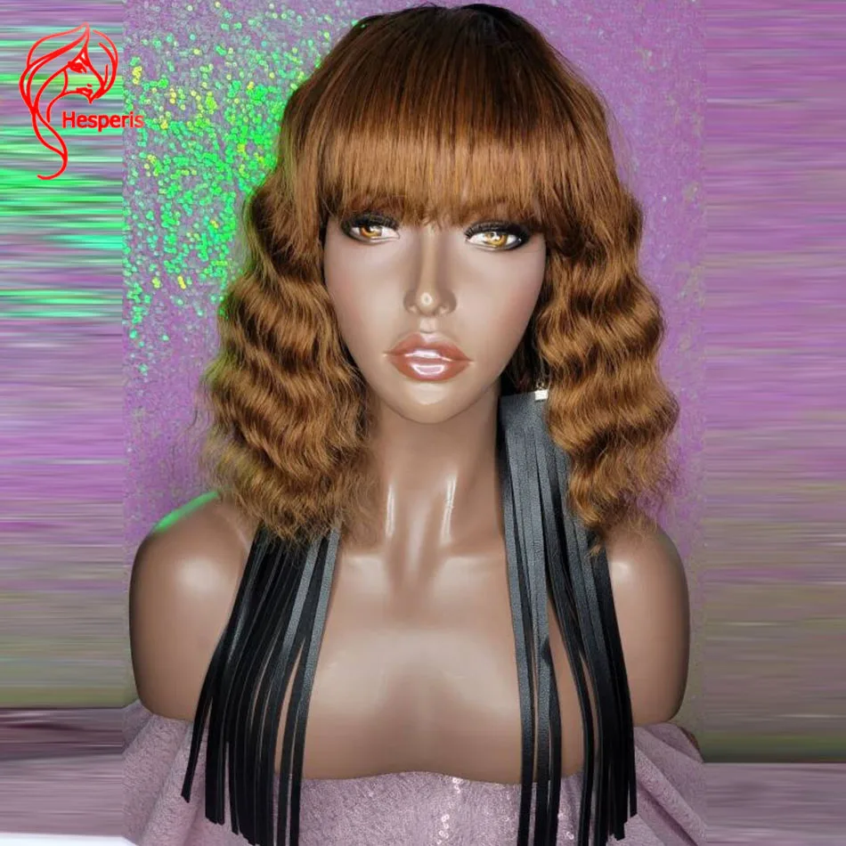 

Hesperis Wigs Deep Wave Short Bob Brazilian Remy Human Hair with Bangs Natural Wave Auburn Hair Full Machine Made Wig Wig