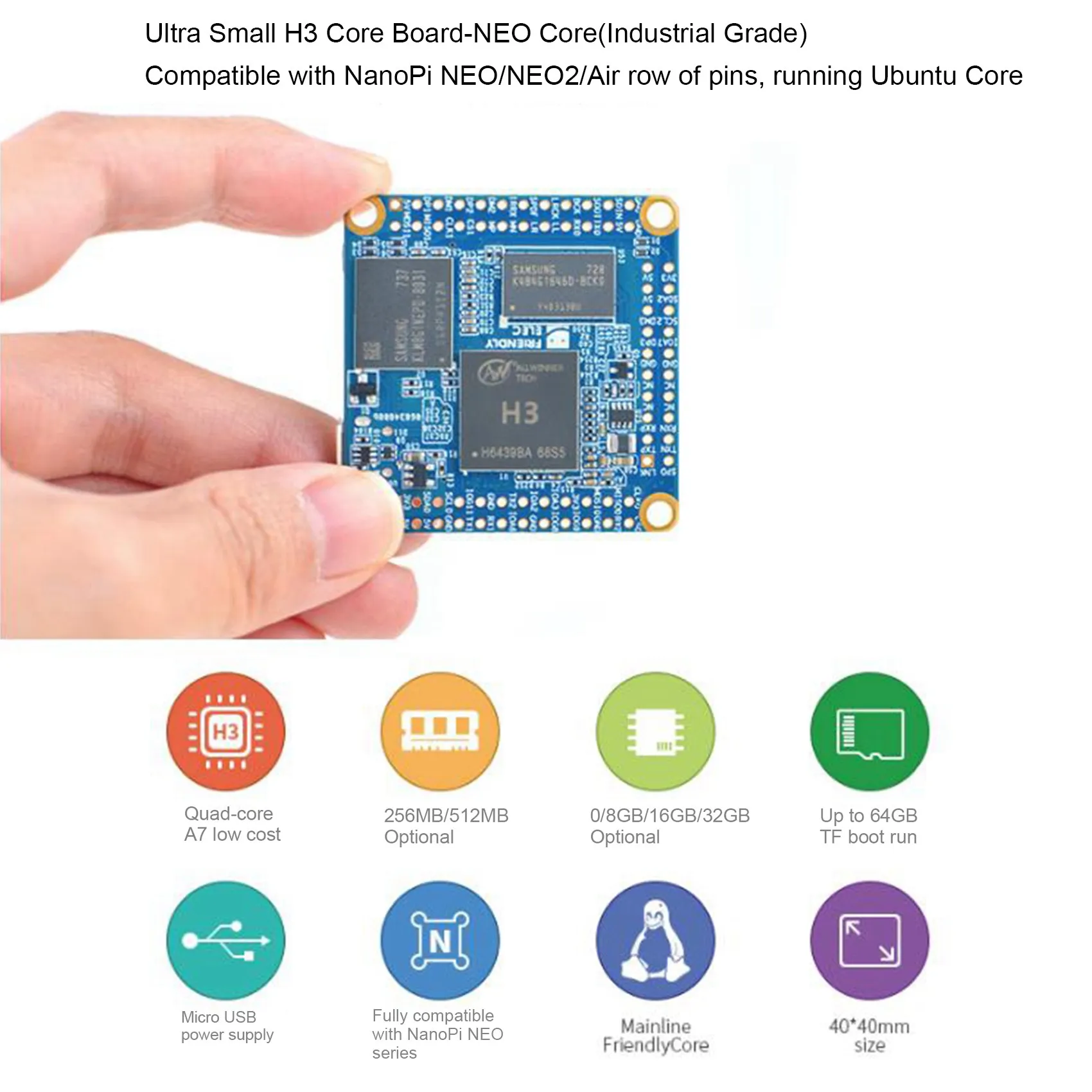 Основная плата NanoPi NEO Плата разработки IoT 256M + 4 ГБ ОЗУ DDR3 Allwinner H3 Четырехъядерный