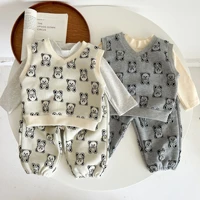 2022 new baby bear print vest pants 2pcs suit kids casual clothes set baby boy girl windproof vest cotton toddler trousers set
