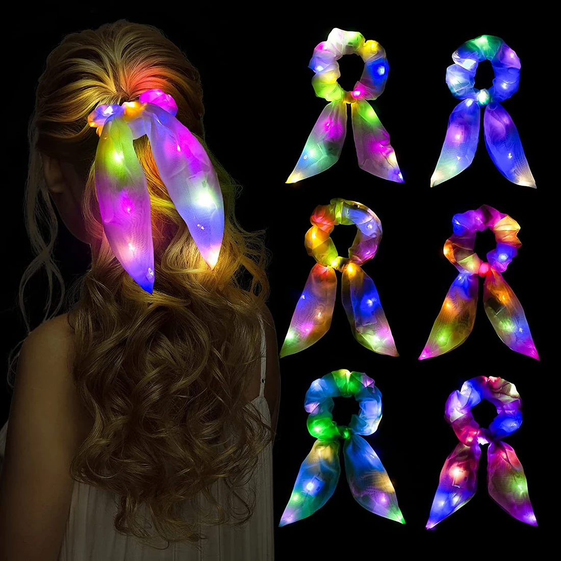 

LED Luminous Colorful Ribbon Hair Scrunchies Elastic Hairband Glow In The Dark Hair Ties Girls Party Headwear Hair Accessories