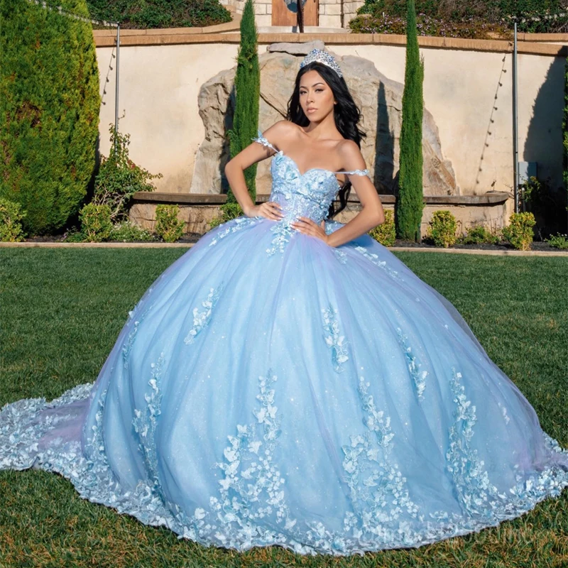 

Женское платье с кружевной аппликацией и бабочкой, голубое милое платье 16 цветов, мексиканские платья для выпускного вечера, 2023