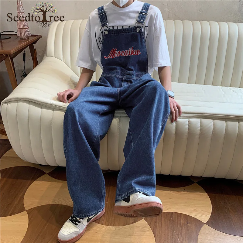 Men's Denim Overalls Ankle Length Jeans Overalls Loose Straight Suspenders Pants Cargo Pants Unisex