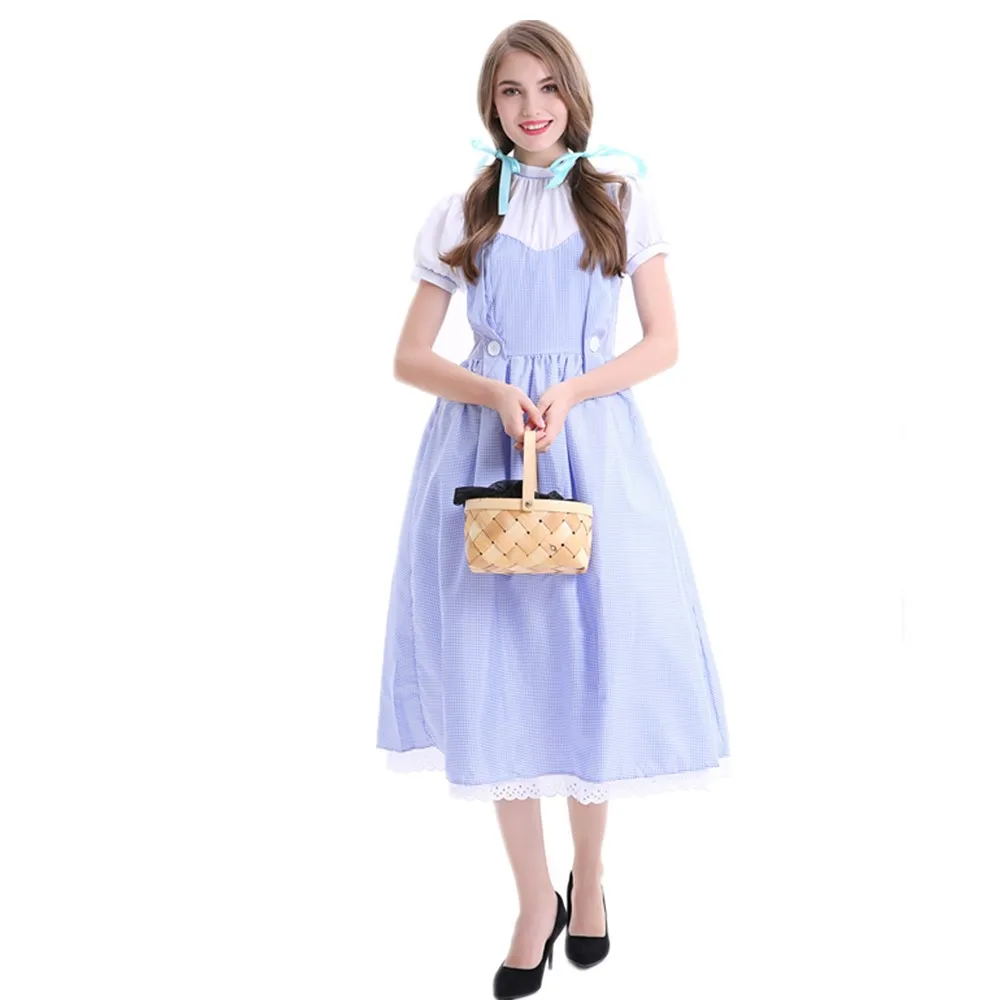 

Rural Farm Maid Costume Halloween Fancy Party Cosplay Maid Uniform Blue Gingham Dress