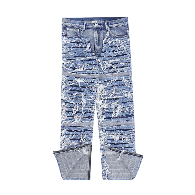

Ripped Frayed Washed Ankle Zipper Retro Blue Black Men's Jeans Pants Straight Loose Streetwear Casual Unisex Denim Trousers
