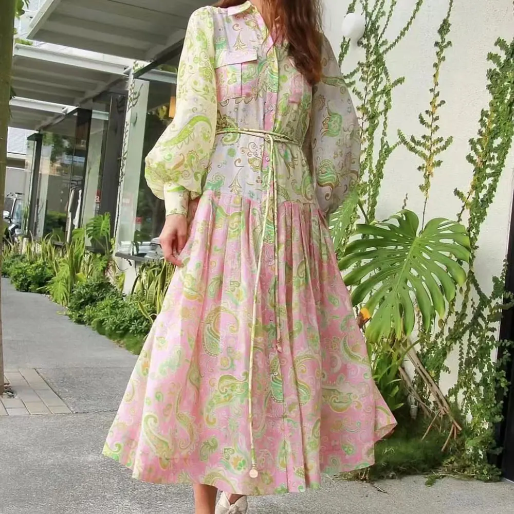 

Women Contrast Linen Dress Lantern Sleeve Single-breasted fashion temperament lady long dress with sashes