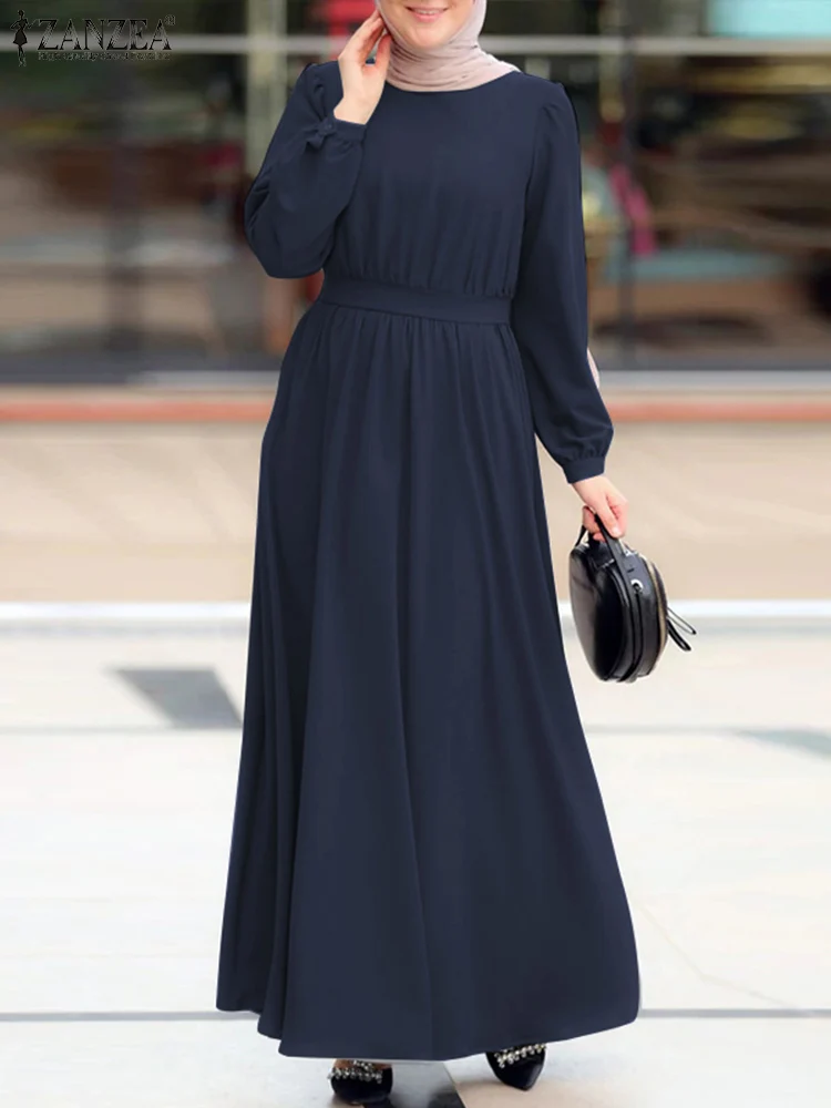 

ZANZEA Muslim Spring Solid Women Dress O-Neck Long Sleeve Vintage Sundress Elegant Casual Loose Holiday Islamic Robe Kaftan 2022