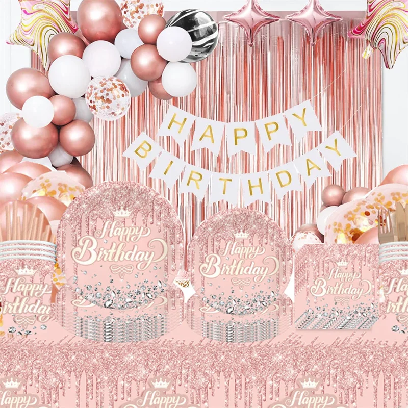 

Rose Gold Birthday Party Decorations for Girl Woman Pink Diamond Crown Disposable Tableware Set Balloons Birthday Party Supplies