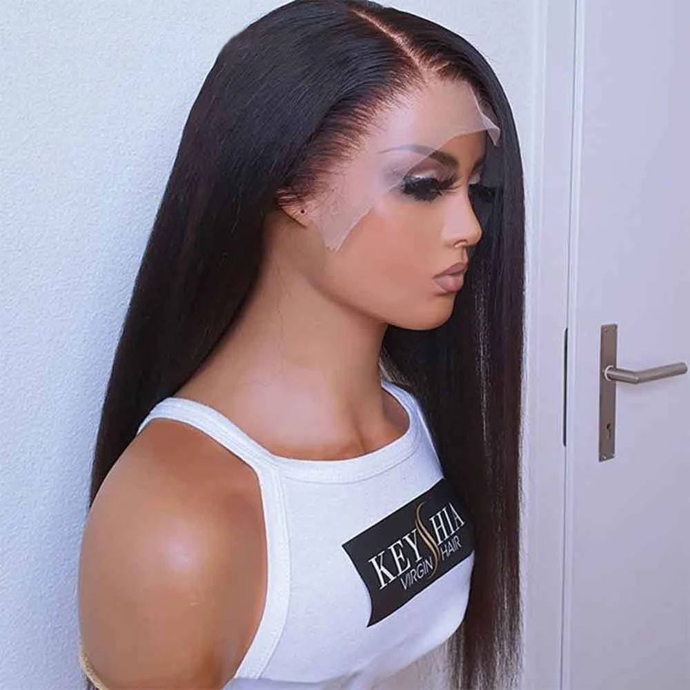Натуральный черный курчавый прямой парик плотностью 180% Yaki на сетке спереди для