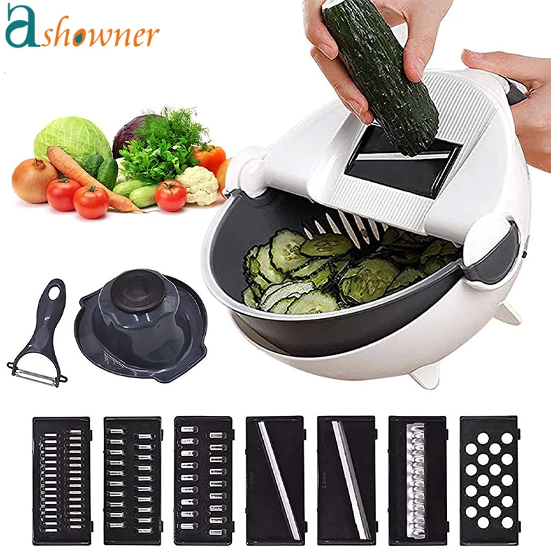 

Vegetable Cutter Potato Shredder Radish Slicer With Drain Basket Multifunctional Rotate Peeler Fruit Grater Kitchen Tools 9 In 1