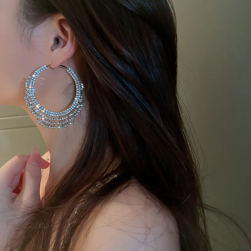 

Fashion Luxury Full Rhinestone Large Hoop Earrings for Women Trend Shiny Crystal Round Earrings Jewelry Party Gift