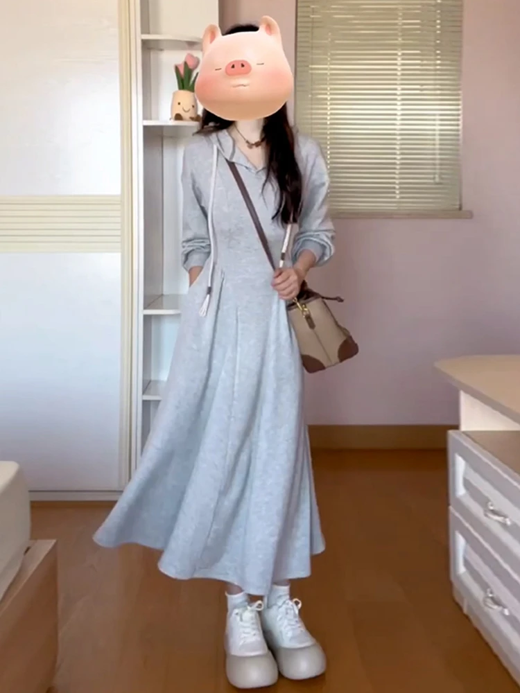 Серое платье-толстовка с длинными рукавами женское осенне-зимнее платье 2024 новая