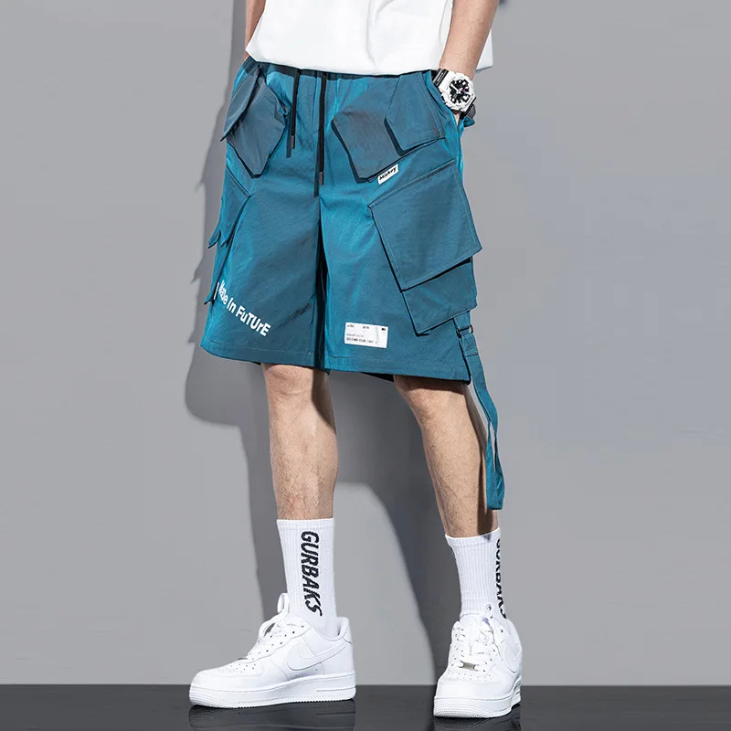 Summer trendy brand new laser reflective cargo shorts men's loose hip hop multi-bag ins casual five-point pants men