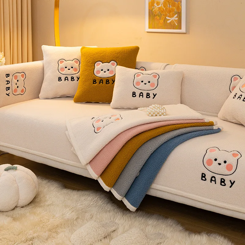 

Modern Cartoon Bear Winter Lamb Wool Sofa Towel Thicken Plush Soft And Smooth Sofa Covers For Living Room Anti-slip Couch Cover