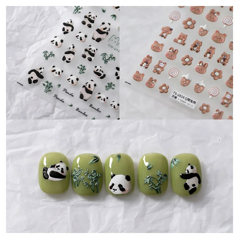 

1pcs 5D Embossed Nail Stickers Cute Anima Bear Panda Bamboo Self Adhesive Decals Slider For Nails Japanese Nail Art Decorations