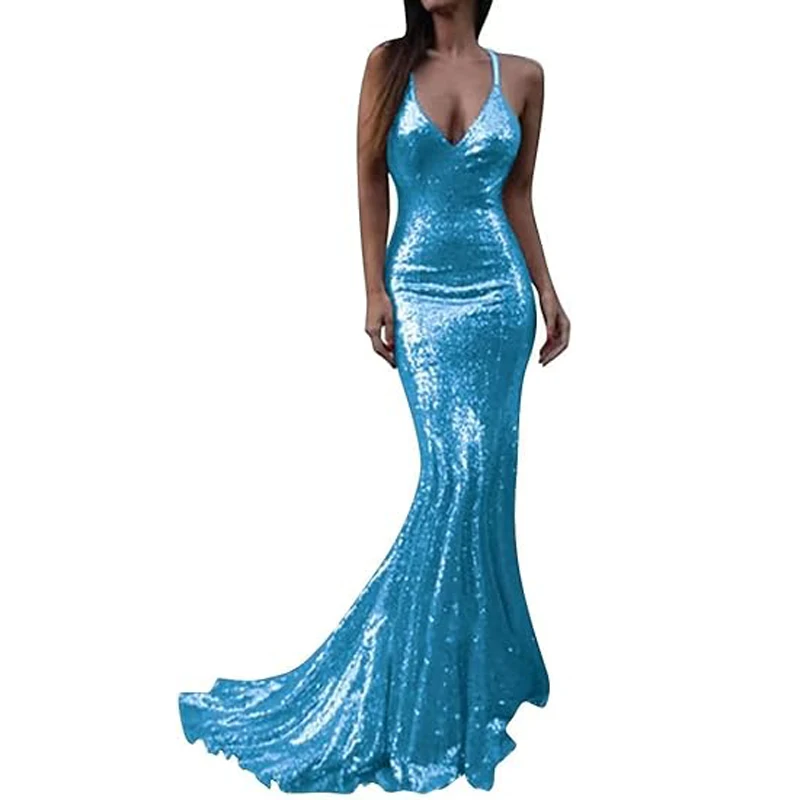 Женское вечернее платье-русалка синее платье с блестками V-образным вырезом
