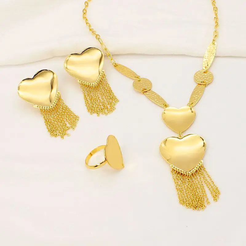 

Italian Jewelry Set 24k Gold Plated Latest Design Ring Necklace Peach Heart Earrings Bridal Wedding Party Bijoux