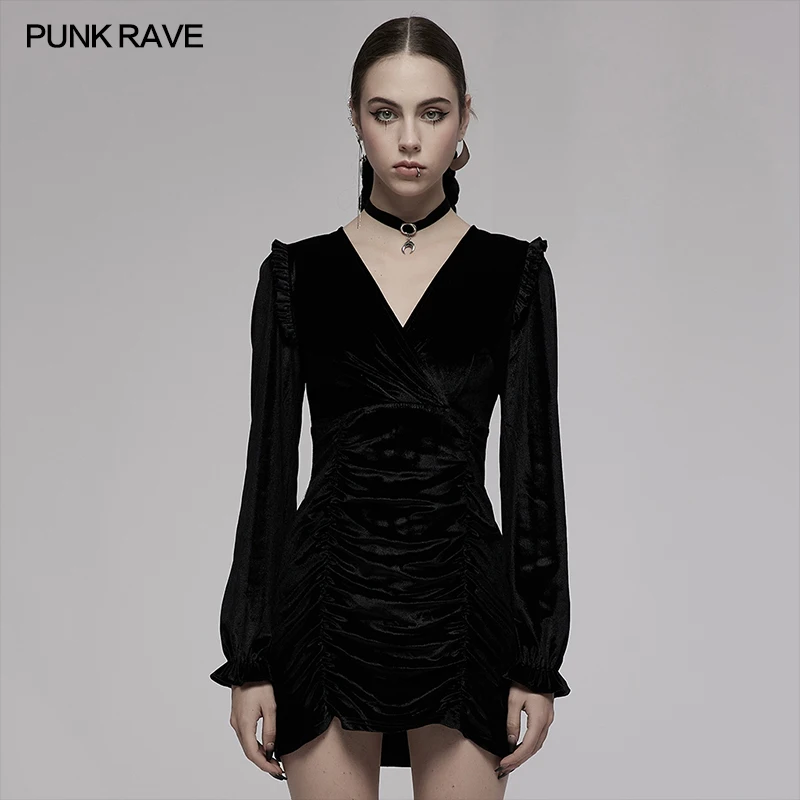 

PUNK RAVE Women's Velvet Wrinkled V-neck Playful Dress Shoulder Ruffles Long Sleeve Party Club Black Mini Dress Spring/autumn