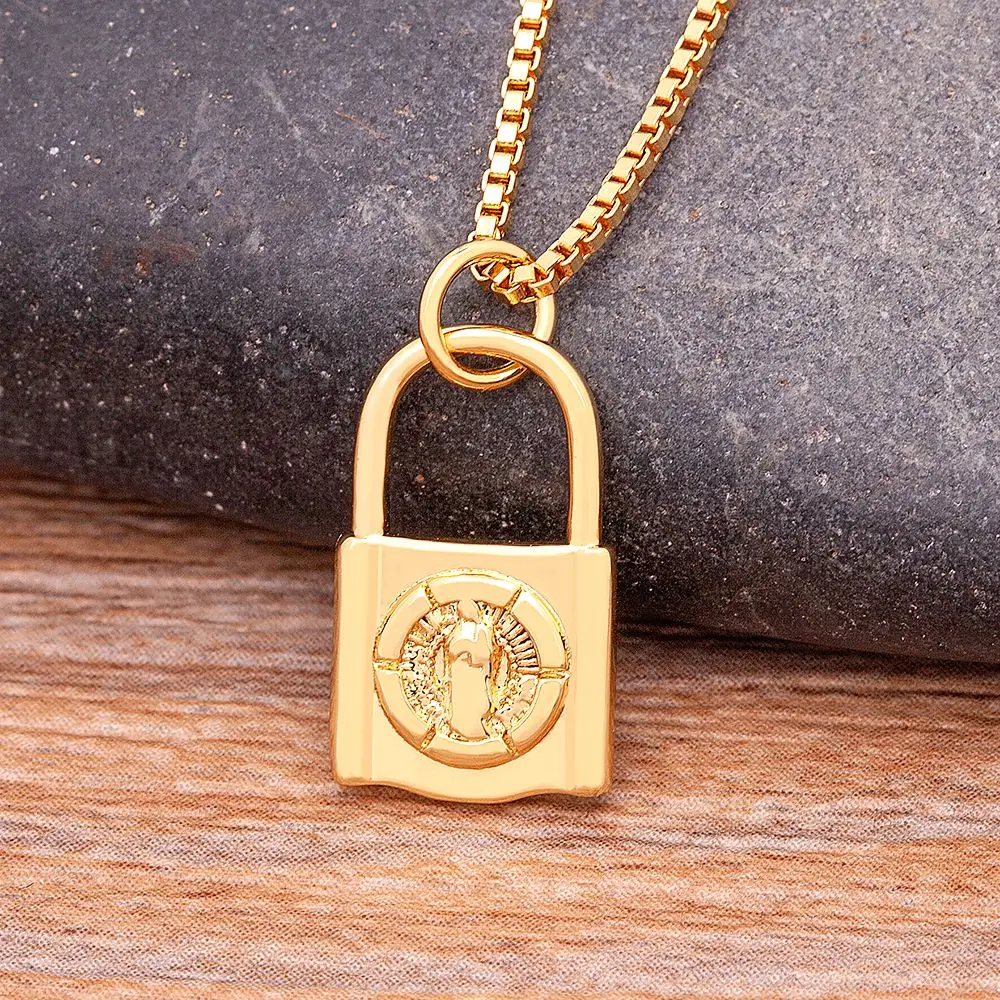 

Nidin Classic Lock Shape Personality Virgin Mary Pendant Religious Men and Women Chain Necklace Retro Catholic Jewelry Gift