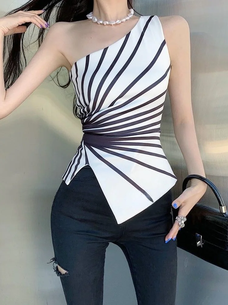 

Y2k Sleeveless Irregular Tank Top Women Sexy Skinny Striped Design Corset Stretch Tube Streetwear 2022 Summer One Shoulder Tanks