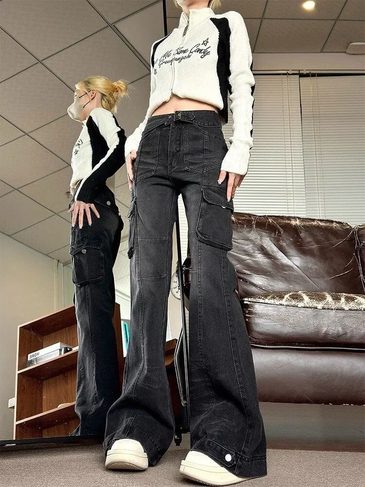 Женские джинсы-карго с множеством карманов в стиле ретро