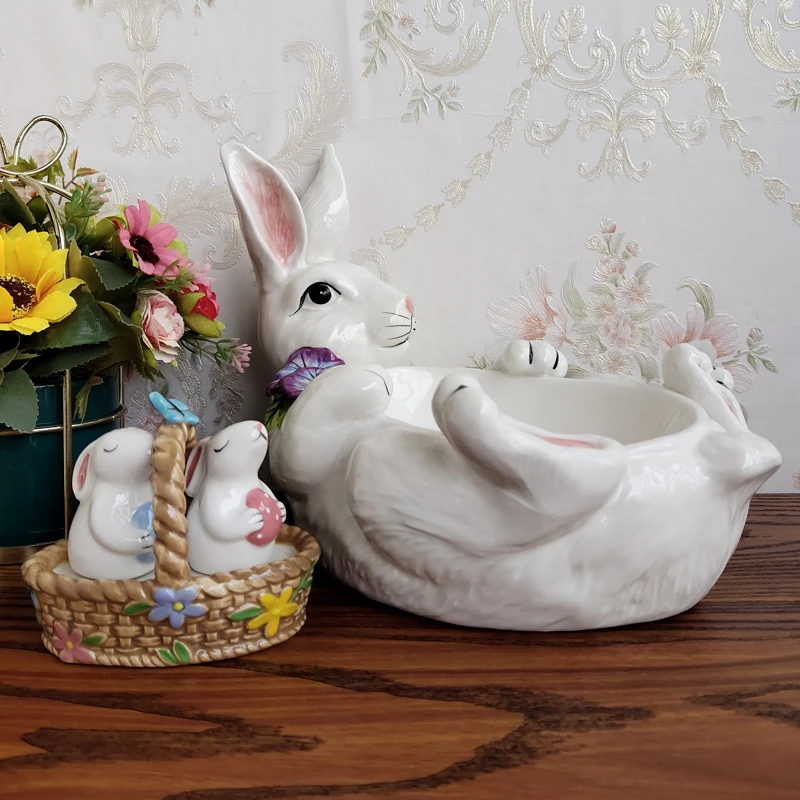

Ceramic White Rabbit Food Container Spice Jar Kitchen Seasoning Pot Home Decor Fruit Bowl Plate Salt And Pepper Cans Crafts