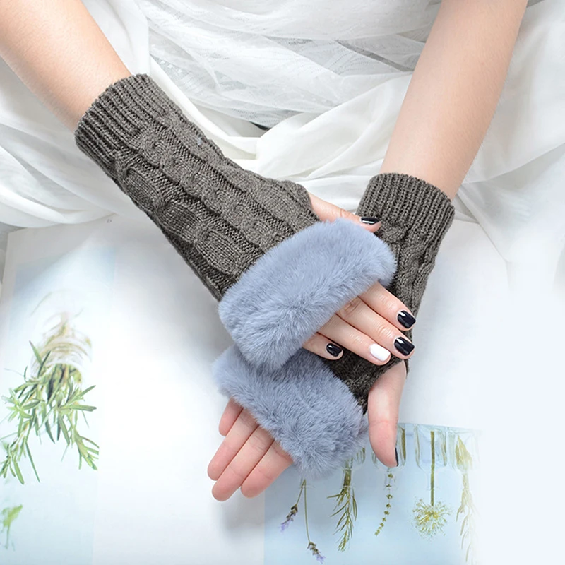 

Women Gloves Autumn Winter Twist Knitted Warm Gloves Fashion Solid Color Fingerless Gloves Faux Fur Patchwork Crochet Mittens