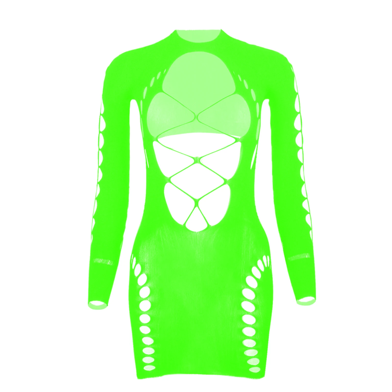 

Womens Hollow Out Fishnet Mini Dress Bodysuit Long Sleeve Backless Bodycon Dress Female Exotic Lingerie See-Through Clubwear